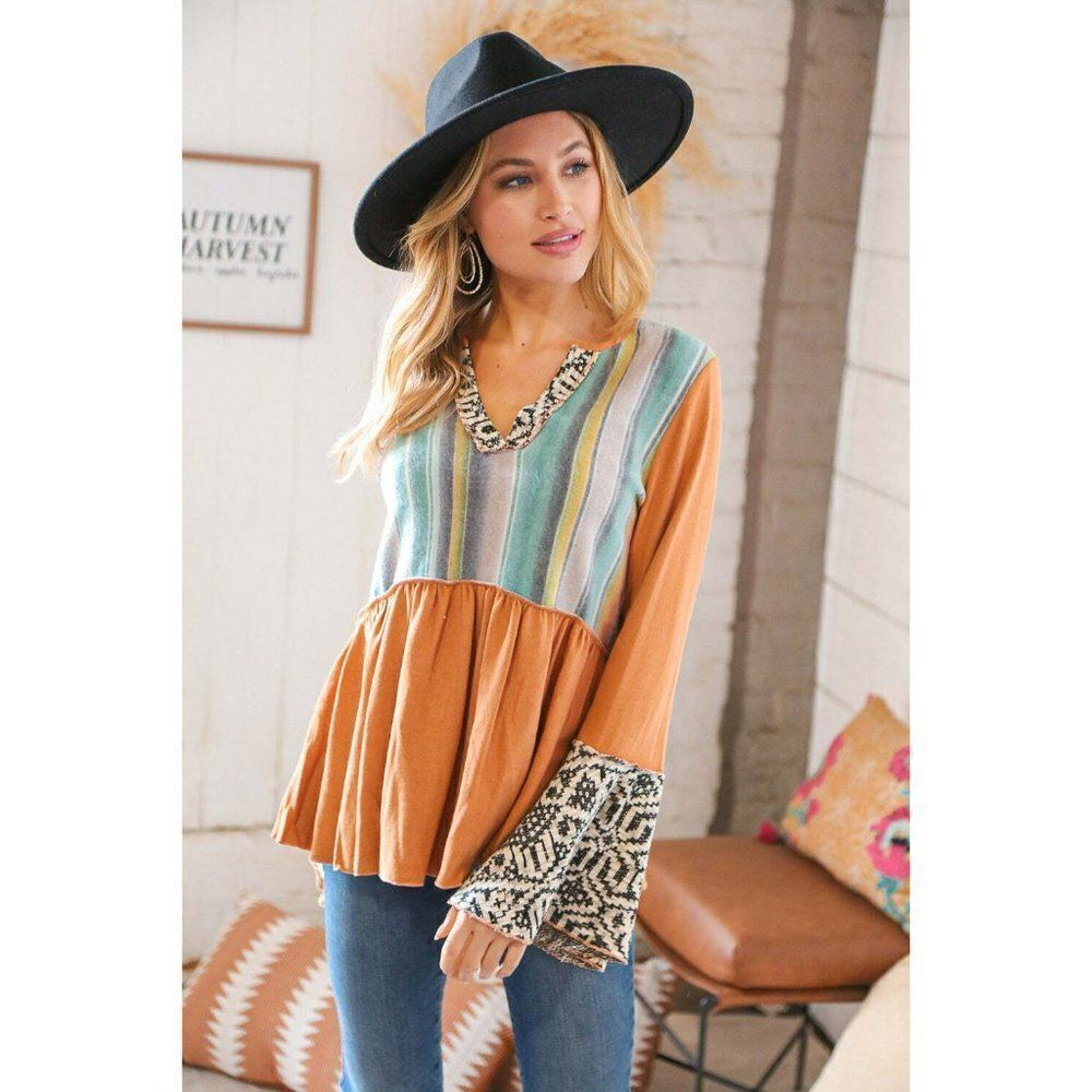 Sugarfox Camel Hacci Multi Stripe Aztec Bell Sleeve Top ST5702A - Picture 7 of 8